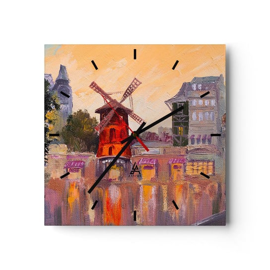 Zegar ścienny - Paryskie ikony – Moulin Rouge - 30x30cm - Paryż Wiatrak Moulin Rouge - Kwadratowy zegar na szkle - Nowoczeny Stylowy Zegar do salonu do kuchni - Cichy i Modny zegar ARTTOR