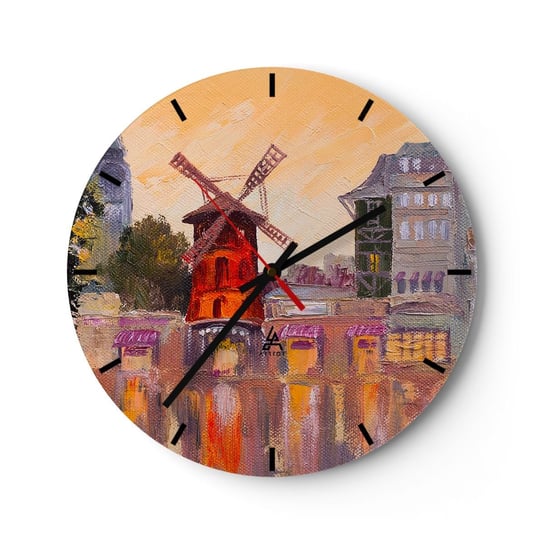 Zegar ścienny - Paryskie ikony – Moulin Rouge - 30x30cm - Paryż Wiatrak Moulin Rouge - Okrągły zegar na szkle - Nowoczeny Stylowy Zegar do salonu do kuchni - Cichy i Modny zegar ARTTOR