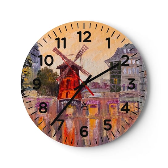 Zegar ścienny - Paryskie ikony – Moulin Rouge - 30x30cm - Paryż Wiatrak Moulin Rouge - Okrągły zegar ścienny - Nowoczeny Stylowy Zegar do salonu do kuchni - Cichy i Modny zegar ARTTOR