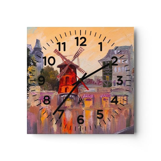 Zegar ścienny - Paryskie ikony – Moulin Rouge - 40x40cm - Paryż Wiatrak Moulin Rouge - Kwadratowy zegar szklany - Nowoczeny Stylowy Zegar do salonu do kuchni - Cichy i Modny zegar ARTTOR
