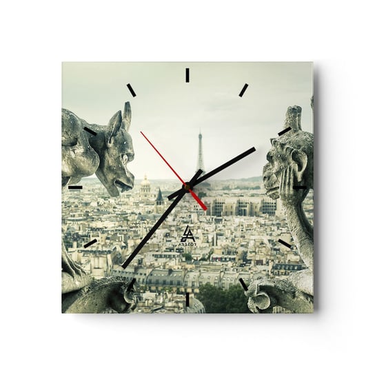 Zegar ścienny - Paryskie pogaduchy - 30x30cm - Miasto Paryż Katedra Notre-Dame - Kwadratowy zegar na szkle - Nowoczeny Stylowy Zegar do salonu do kuchni - Cichy i Modny zegar ARTTOR