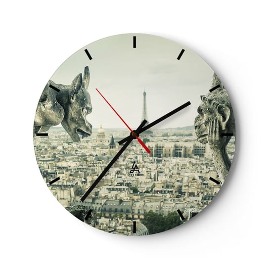 Zegar ścienny - Paryskie pogaduchy - 30x30cm - Miasto Paryż Katedra Notre-Dame - Okrągły zegar na szkle - Nowoczeny Stylowy Zegar do salonu do kuchni - Cichy i Modny zegar ARTTOR