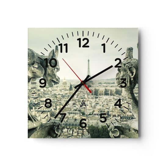 Zegar ścienny - Paryskie pogaduchy - 40x40cm - Miasto Paryż Katedra Notre-Dame - Kwadratowy zegar szklany - Nowoczeny Stylowy Zegar do salonu do kuchni - Cichy i Modny zegar ARTTOR