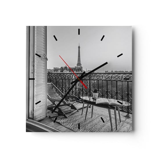 Zegar ścienny - Paryskie popołudnie - 30x30cm - Miasto Paryż Architektura - Kwadratowy zegar na szkle - Nowoczeny Stylowy Zegar do salonu do kuchni - Cichy i Modny zegar ARTTOR