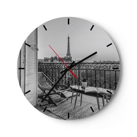 Zegar ścienny - Paryskie popołudnie - 30x30cm - Miasto Paryż Architektura - Okrągły zegar na szkle - Nowoczeny Stylowy Zegar do salonu do kuchni - Cichy i Modny zegar ARTTOR