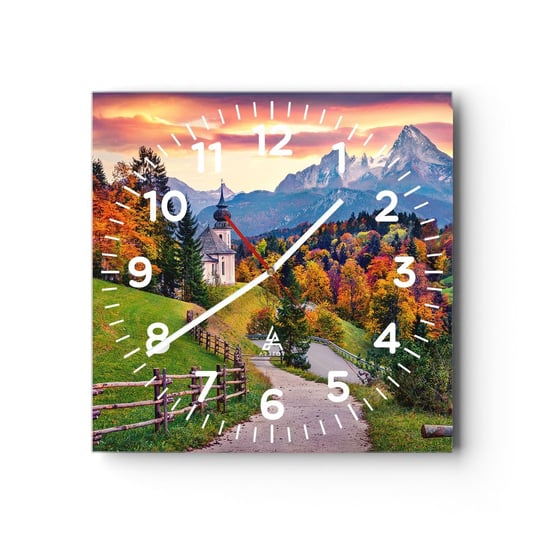 Zegar ścienny - Pejzaż jak malowanie - 30x30cm - Krajobraz Górski Ścieżka Kościół - Kwadratowy zegar ścienny - Nowoczeny Stylowy Zegar do salonu do kuchni - Cichy i Modny zegar ARTTOR