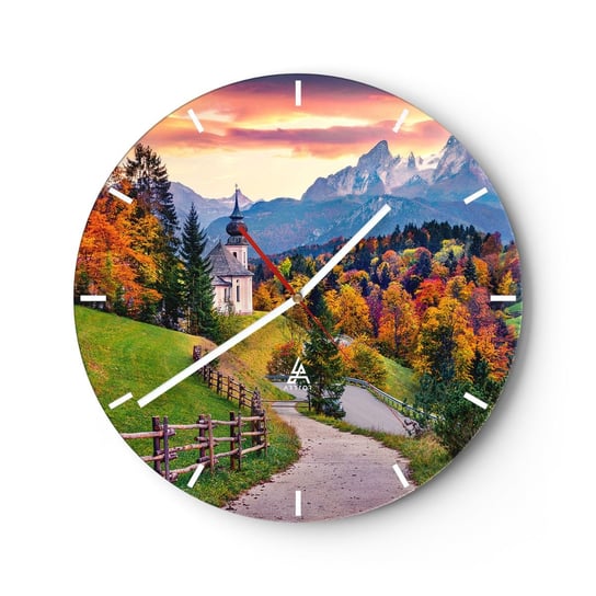 Zegar ścienny - Pejzaż jak malowanie - 30x30cm - Krajobraz Górski Ścieżka Kościół - Okrągły zegar na szkle - Nowoczeny Stylowy Zegar do salonu do kuchni - Cichy i Modny zegar ARTTOR