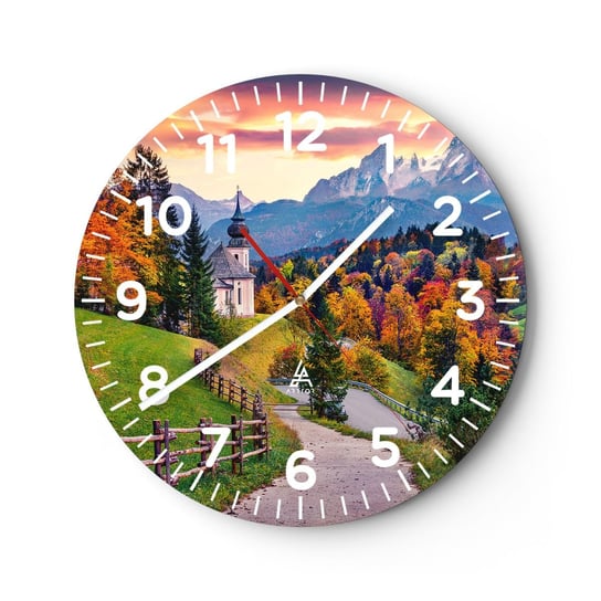Zegar ścienny - Pejzaż jak malowanie - 40x40cm - Krajobraz Górski Ścieżka Kościół - Okrągły zegar szklany - Nowoczeny Stylowy Zegar do salonu do kuchni - Cichy i Modny zegar ARTTOR