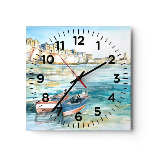 Zegar ścienny - Pejzaż w lazurze - 30x30cm - Pejzaż Morze Łódka - Kwadratowy zegar ścienny - Nowoczeny Stylowy Zegar do salonu do kuchni - Cichy i Modny zegar ARTTOR