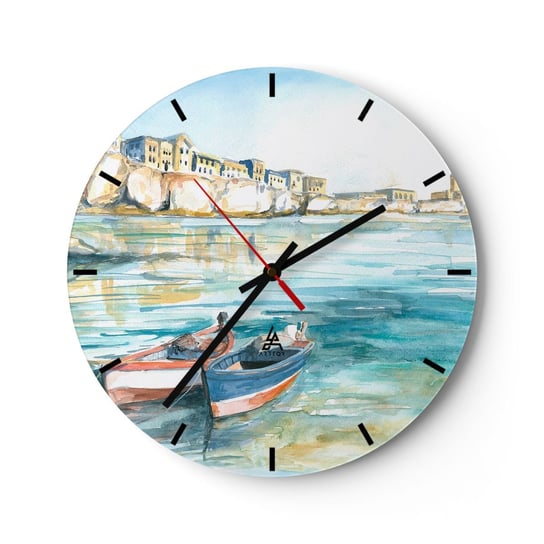 Zegar ścienny - Pejzaż w lazurze - 30x30cm - Pejzaż Morze Łódka - Okrągły zegar na szkle - Nowoczeny Stylowy Zegar do salonu do kuchni - Cichy i Modny zegar ARTTOR