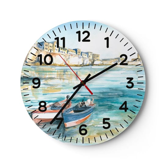 Zegar ścienny - Pejzaż w lazurze - 30x30cm - Pejzaż Morze Łódka - Okrągły zegar ścienny - Nowoczeny Stylowy Zegar do salonu do kuchni - Cichy i Modny zegar ARTTOR