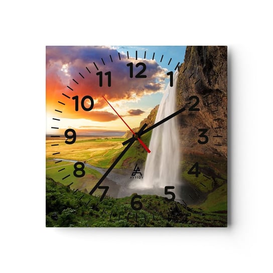 Zegar ścienny - Pełnia islandzkiego lata - 40x40cm - Krajobraz Wodospad Islandia - Kwadratowy zegar szklany - Nowoczeny Stylowy Zegar do salonu do kuchni - Cichy i Modny zegar ARTTOR