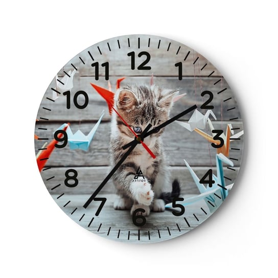 Zegar ścienny - Pierwsza lekcja - 30x30cm - Zwierzęta Kot Origami - Okrągły zegar ścienny - Nowoczeny Stylowy Zegar do salonu do kuchni - Cichy i Modny zegar ARTTOR