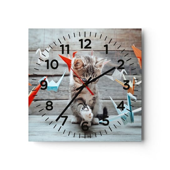 Zegar ścienny - Pierwsza lekcja - 40x40cm - Zwierzęta Kot Origami - Kwadratowy zegar szklany - Nowoczeny Stylowy Zegar do salonu do kuchni - Cichy i Modny zegar ARTTOR