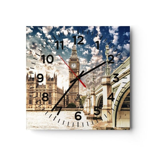 Zegar ścienny - Pierzaste obłoki nad  Tamizą - 30x30cm - Miasto Londyn Anglia - Kwadratowy zegar ścienny - Nowoczeny Stylowy Zegar do salonu do kuchni - Cichy i Modny zegar ARTTOR