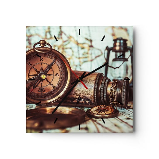 Zegar ścienny - Piracka przygoda na Karaibach czeka - 30x30cm - Marynistyczne Piraci Kompas - Kwadratowy zegar na szkle - Nowoczeny Stylowy Zegar do salonu do kuchni - Cichy i Modny zegar ARTTOR