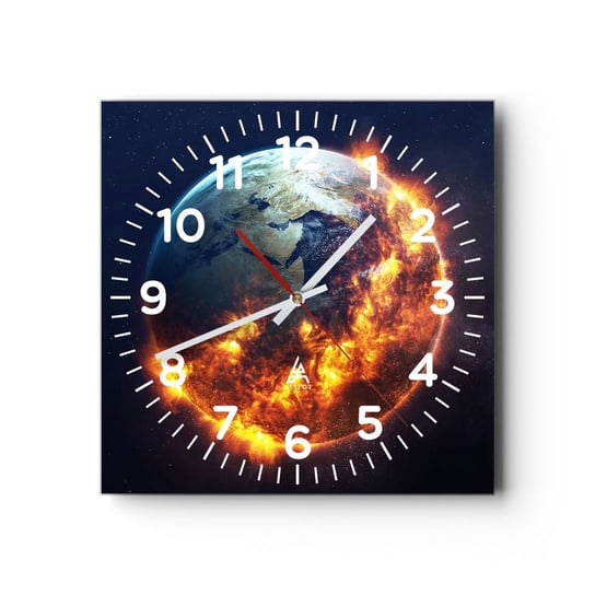 Zegar ścienny - Płomień apokalipsy - 30x30cm - Kosmos Planeta Ziemia Płomienie Ognia - Kwadratowy zegar ścienny - Nowoczeny Stylowy Zegar do salonu do kuchni - Cichy i Modny zegar ARTTOR