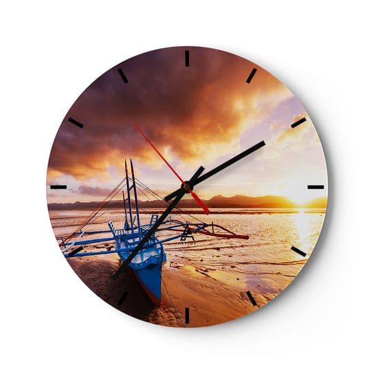 Zegar ścienny - Po całym dniu wyciągnąć się na piasku - 30x30cm - Krajobraz Morze Łódź Rybacka - Okrągły zegar na szkle - Nowoczeny Stylowy Zegar do salonu do kuchni - Cichy i Modny zegar ARTTOR