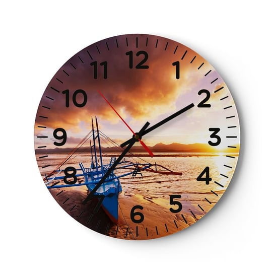 Zegar ścienny - Po całym dniu wyciągnąć się na piasku - 30x30cm - Krajobraz Morze Łódź Rybacka - Okrągły zegar ścienny - Nowoczeny Stylowy Zegar do salonu do kuchni - Cichy i Modny zegar ARTTOR