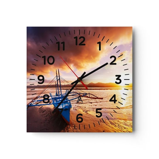 Zegar ścienny - Po całym dniu wyciągnąć się na piasku - 40x40cm - Krajobraz Morze Łódź Rybacka - Kwadratowy zegar szklany - Nowoczeny Stylowy Zegar do salonu do kuchni - Cichy i Modny zegar ARTTOR