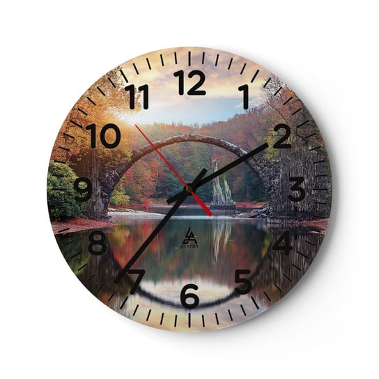 Zegar ścienny - Po drugiej stronie lustra - 40x40cm - Krajobraz Park Most - Okrągły zegar szklany - Nowoczeny Stylowy Zegar do salonu do kuchni - Cichy i Modny zegar ARTTOR