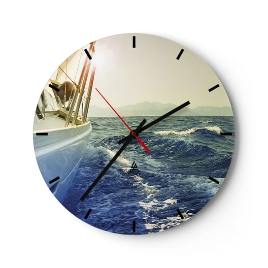 Zegar ścienny - Po przygodę - 30x30cm - Jacht Żaglówka Morze - Okrągły zegar na szkle - Nowoczeny Stylowy Zegar do salonu do kuchni - Cichy i Modny zegar ARTTOR