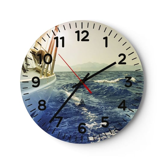 Zegar ścienny - Po przygodę - 40x40cm - Jacht Żaglówka Morze - Okrągły zegar szklany - Nowoczeny Stylowy Zegar do salonu do kuchni - Cichy i Modny zegar ARTTOR