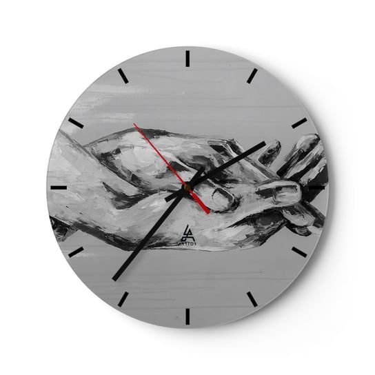 Zegar ścienny - Początek… - 30x30cm - Dłonie Ręka Abstrakcja - Okrągły zegar na szkle - Nowoczeny Stylowy Zegar do salonu do kuchni - Cichy i Modny zegar ARTTOR