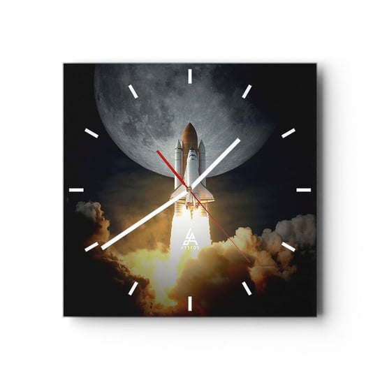 Zegar ścienny - Początek nieziemskiej przygody - 30x30cm - Księżyc Rakieta Kosmiczna Nasa - Kwadratowy zegar na szkle - Nowoczeny Stylowy Zegar do salonu do kuchni - Cichy i Modny zegar ARTTOR