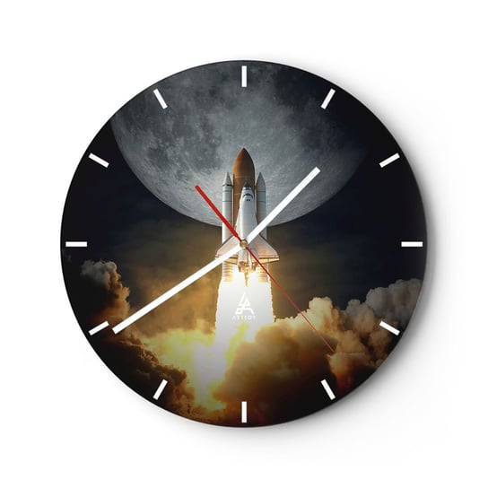 Zegar ścienny - Początek nieziemskiej przygody - 30x30cm - Księżyc Rakieta Kosmiczna Nasa - Okrągły zegar na szkle - Nowoczeny Stylowy Zegar do salonu do kuchni - Cichy i Modny zegar ARTTOR