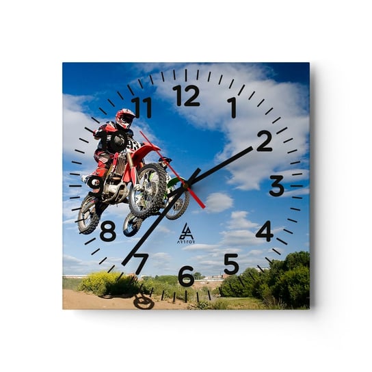 Zegar ścienny - Podniebny skok - 40x40cm - Motocross Motoryzacja Sport - Kwadratowy zegar szklany - Nowoczeny Stylowy Zegar do salonu do kuchni - Cichy i Modny zegar ARTTOR