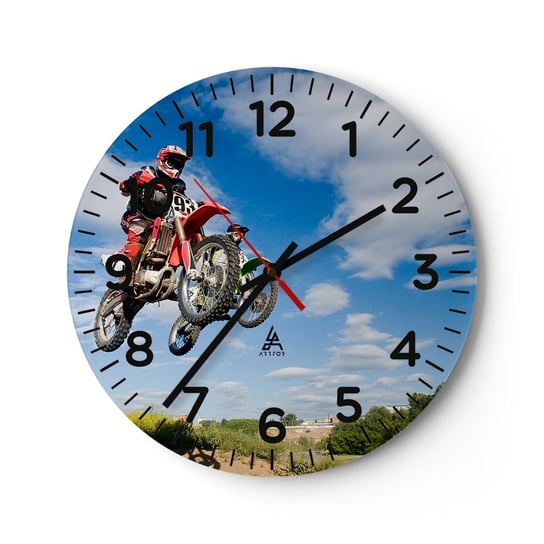 Zegar ścienny - Podniebny skok - 40x40cm - Motocross Motoryzacja Sport - Okrągły zegar szklany - Nowoczeny Stylowy Zegar do salonu do kuchni - Cichy i Modny zegar ARTTOR