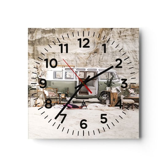 Zegar ścienny - Podróż czas zacząć - 30x30cm - Kamper Samochód Podróż - Kwadratowy zegar ścienny - Nowoczeny Stylowy Zegar do salonu do kuchni - Cichy i Modny zegar ARTTOR