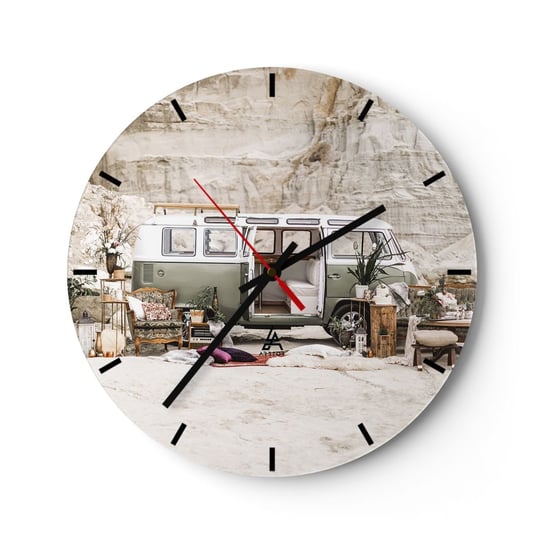 Zegar ścienny - Podróż czas zacząć - 30x30cm - Kamper Samochód Podróż - Okrągły zegar na szkle - Nowoczeny Stylowy Zegar do salonu do kuchni - Cichy i Modny zegar ARTTOR