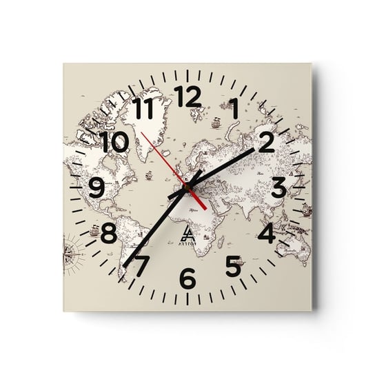 Zegar ścienny - Podróż dookoła świata - 30x30cm - Mapa Świata Kontynenty Statek Piracki - Kwadratowy zegar ścienny - Nowoczeny Stylowy Zegar do salonu do kuchni - Cichy i Modny zegar ARTTOR