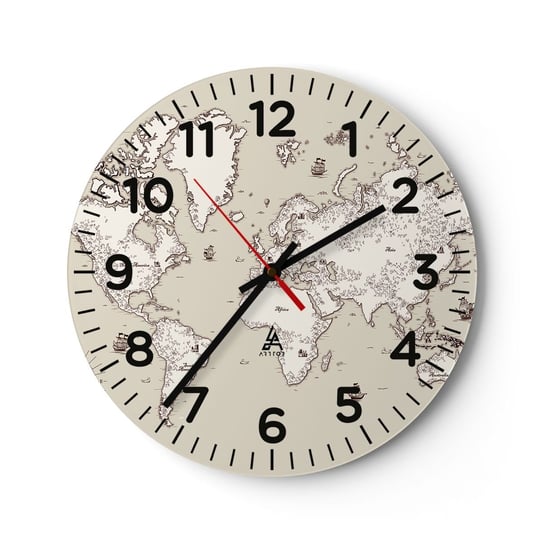 Zegar ścienny - Podróż dookoła świata - 30x30cm - Mapa Świata Kontynenty Statek Piracki - Okrągły zegar ścienny - Nowoczeny Stylowy Zegar do salonu do kuchni - Cichy i Modny zegar ARTTOR