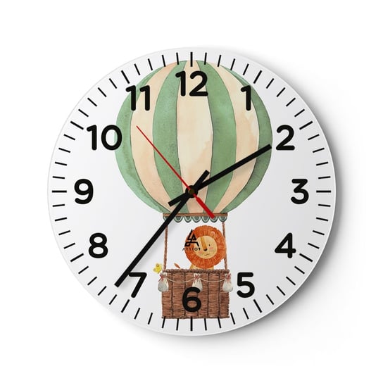 Zegar ścienny - Podróże Leona - 40x40cm - Balon Lew Dziecięcy - Okrągły zegar szklany - Nowoczeny Stylowy Zegar do salonu do kuchni - Cichy i Modny zegar ARTTOR