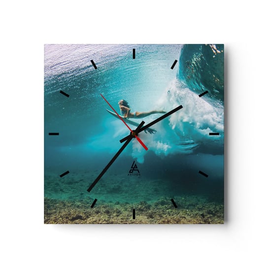 Zegar ścienny - Podwodny świat - 30x30cm - Surfing Podwodny Świat Kobieta - Kwadratowy zegar na szkle - Nowoczeny Stylowy Zegar do salonu do kuchni - Cichy i Modny zegar ARTTOR