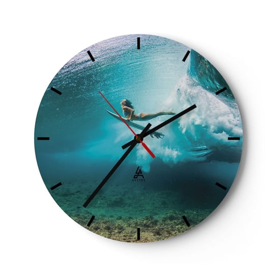 Zegar ścienny - Podwodny świat - 30x30cm - Surfing Podwodny Świat Kobieta - Okrągły zegar na szkle - Nowoczeny Stylowy Zegar do salonu do kuchni - Cichy i Modny zegar ARTTOR