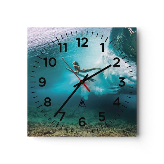 Zegar ścienny - Podwodny świat - 40x40cm - Surfing Podwodny Świat Kobieta - Kwadratowy zegar szklany - Nowoczeny Stylowy Zegar do salonu do kuchni - Cichy i Modny zegar ARTTOR