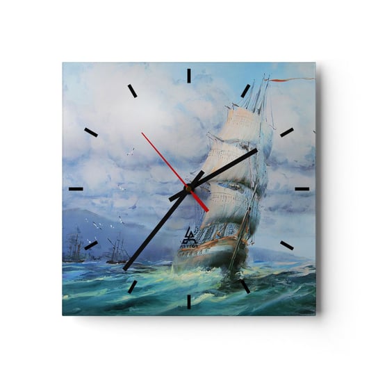 Zegar ścienny - Pomyślnych wiatrów - 30x30cm - Żaglowiec Morze Żeglarstwo - Kwadratowy zegar na szkle - Nowoczeny Stylowy Zegar do salonu do kuchni - Cichy i Modny zegar ARTTOR