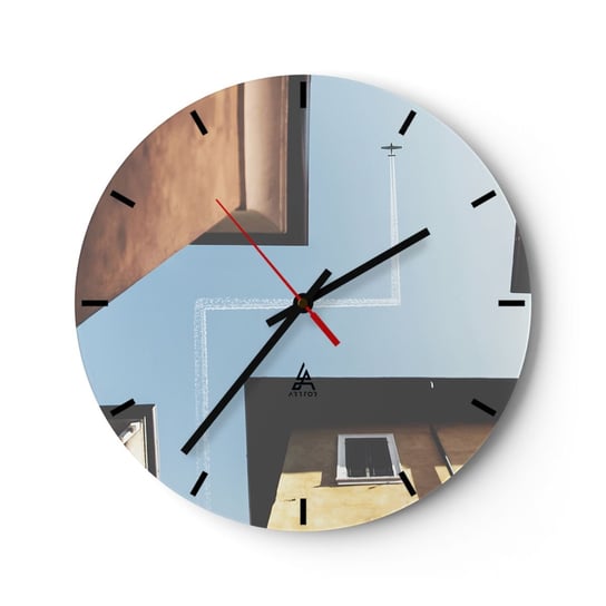 Zegar ścienny - Ponad miejskim labiryntem - 30x30cm - Samolot Budynki Podróże - Okrągły zegar na szkle - Nowoczeny Stylowy Zegar do salonu do kuchni - Cichy i Modny zegar ARTTOR