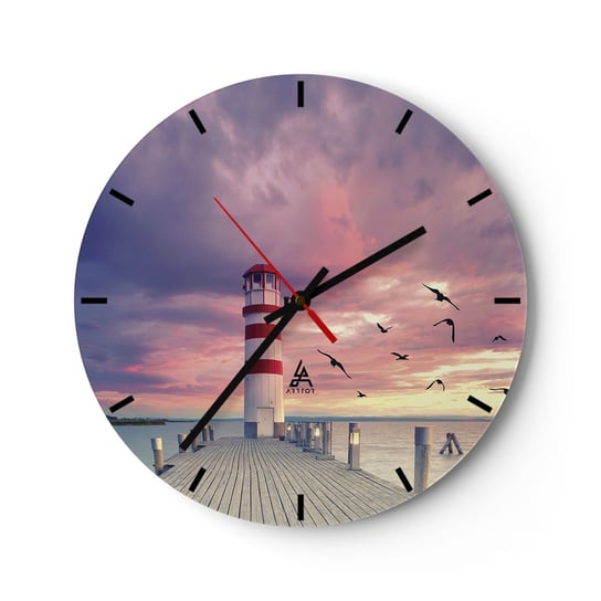 Zegar ścienny - Pora do portu - 30x30cm - Latarnia Morska Krajobraz Morze - Okrągły zegar na szkle - Nowoczeny Stylowy Zegar do salonu do kuchni - Cichy i Modny zegar ARTTOR