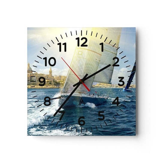 Zegar ścienny - Pora opuścić miasto - 40x40cm - Miasto Morze Jacht - Kwadratowy zegar szklany - Nowoczeny Stylowy Zegar do salonu do kuchni - Cichy i Modny zegar ARTTOR