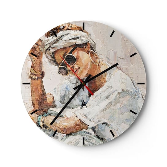 Zegar ścienny - Portret w pełnym słońcu - 30x30cm - Portret Boho Olejny - Okrągły zegar na szkle - Nowoczeny Stylowy Zegar do salonu do kuchni - Cichy i Modny zegar ARTTOR