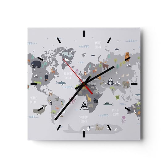 Zegar ścienny - Powiedz mi, skąd jesteś… - 30x30cm - Mapa Świata Zwierzęta Kontynenty - Kwadratowy zegar na szkle - Nowoczeny Stylowy Zegar do salonu do kuchni - Cichy i Modny zegar ARTTOR