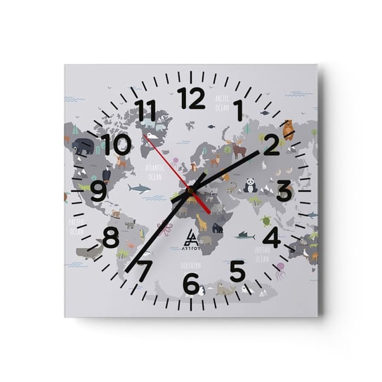 Zegar ścienny - Powiedz mi, skąd jesteś… - 30x30cm - Mapa Świata Zwierzęta Kontynenty - Kwadratowy zegar ścienny - Nowoczeny Stylowy Zegar do salonu do kuchni - Cichy i Modny zegar ARTTOR