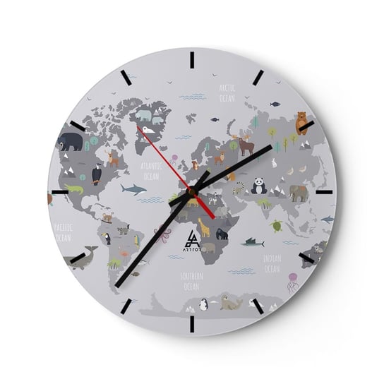 Zegar ścienny - Powiedz mi, skąd jesteś… - 30x30cm - Mapa Świata Zwierzęta Kontynenty - Okrągły zegar na szkle - Nowoczeny Stylowy Zegar do salonu do kuchni - Cichy i Modny zegar ARTTOR
