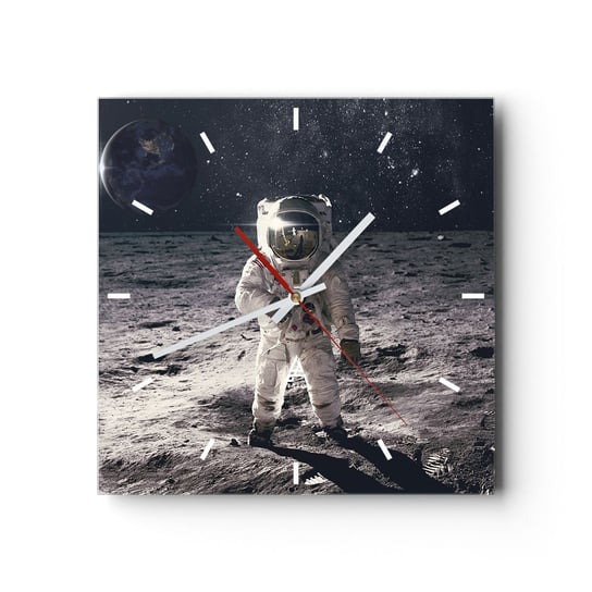 Zegar ścienny - Pozdrowienia z Księżyca - 30x30cm - Abstrakcja Człowiek Na Księżycu Astronauta - Kwadratowy zegar na szkle - Nowoczeny Stylowy Zegar do salonu do kuchni - Cichy i Modny zegar ARTTOR