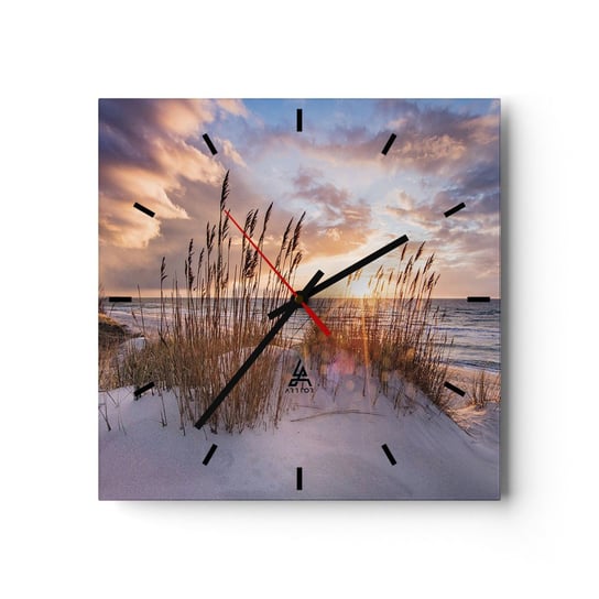 Zegar ścienny - Pożegnanie słońca i wiatru - 30x30cm - Krajobraz Morze Plaża - Kwadratowy zegar na szkle - Nowoczeny Stylowy Zegar do salonu do kuchni - Cichy i Modny zegar ARTTOR